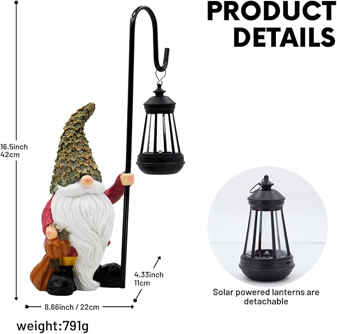 Garden Gnome with Solar Lantern, Maple Leaves Hat, Outdoor Garden Figurine Lights, Unique Gift for Women, Mom, Friends (Maple Leaves Gnomes)