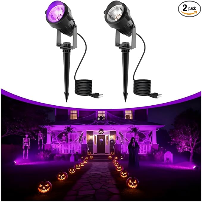 L LOHAS LED Halloween Spotlight Outdoor, Purple Spot Lights for Yard, Auto On/Off 5W 120V Landscape Lighting for House, Holiday, Trees, Decoration, 450LM IP66 Waterproof, UL Listed, 2 Pack