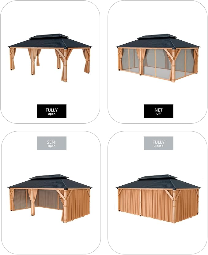 GAOMON Hardtop Spruce Wood Gazebo 12'x20', with Double Roof of Metal Sheets, 4.7'' Heavy Duty Poles, Net, and Curtain, Permanent Building for Patio, Deck, Backyard, Lawn, and Garden, Khaki
