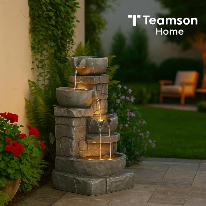 Teamson Home 33" Outdoor Water Fountain with LED Lights, 3-Tier Cascading Bowls, Weather-Resistant Resin Garden Water Feature for Patio, Lawn, and Backyard Decor – Stone Gray