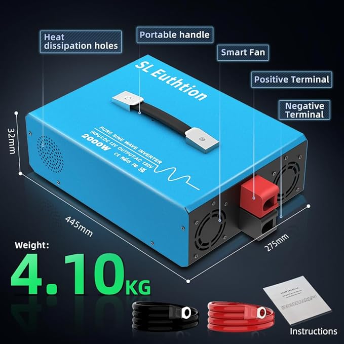 2000W Pure Sine Wave Power Inverter Voice Control AI Voice Assistant Support English 12V to 120V 60HZ with LCD Display, USB Port, for Car Home Laptop Truck