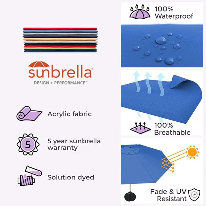 Midtown Umbrellas The Swilt 10 Feet Patio Umbrella in Sunbrella Dark Blue Acrylic Fabric - Fiberglass Ribs, Auto-Tilt Aluminum Frame For Backyard, Deck, Garden, Pool - White Pole