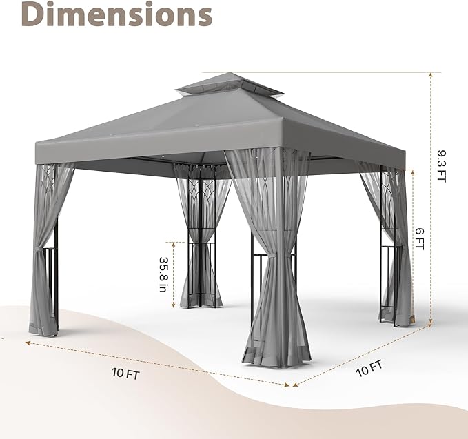 EAGLE PEAK 10x10 Patio Gazebo with Mesh Netting, Double Roof Outdoor Pavilion with Corner Shelves for Lawn, Deck, Garden and Backyard, Gray