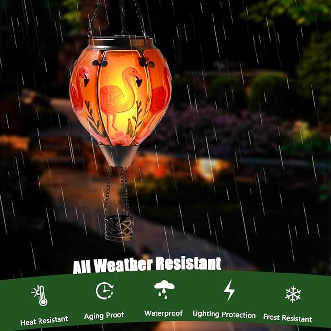 Hot Air Balloon Solar Lantern - Flamingo Stained Glass Lantern, Simulated Flickering & Dancing Flame, Outdoor Hanging Yard Light Waterproof IP65 for Patio Lawn Porch Decor Gift