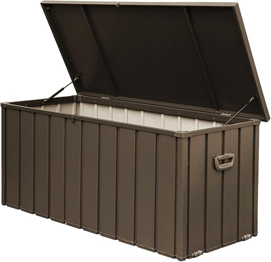 Metal Storage Box for Outdoor Dark Brown Lockable Water-Resistant Deck Box for Patio Garden Tools Organization Rust-Resistant Heavy-Duty Outside Storage Box (160 Gallon)