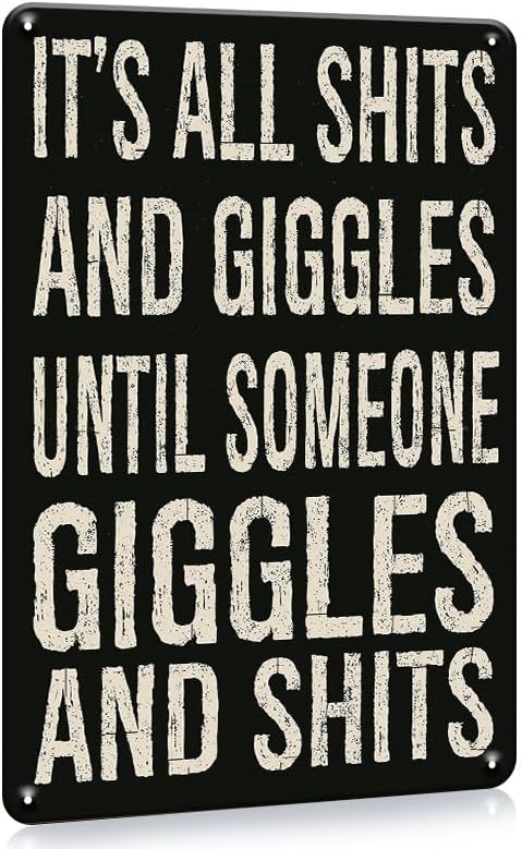 1pc Funny Vintage-Style Metal Sign - Humorous It's All Giggles Until Someone Giggles Quote - Rustic Home Bar, Man Cave, Office Wall Decor, Bathroom Mural - 12 x 8 Inch Retro Tin Sign