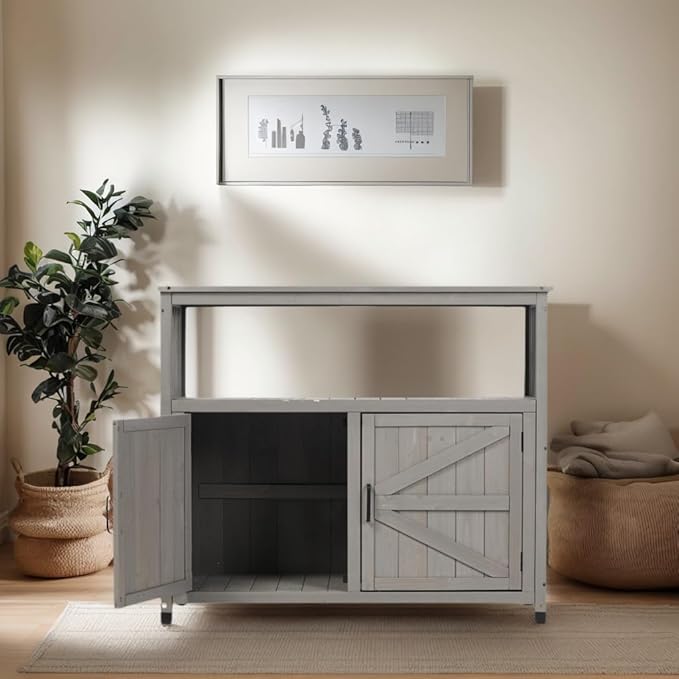 Modern Grey Solid Wood Patio Bar Table Set with Convenient Storage – Ideal Buffet Cabinet Sideboard for Outdoor and Indoor Use!