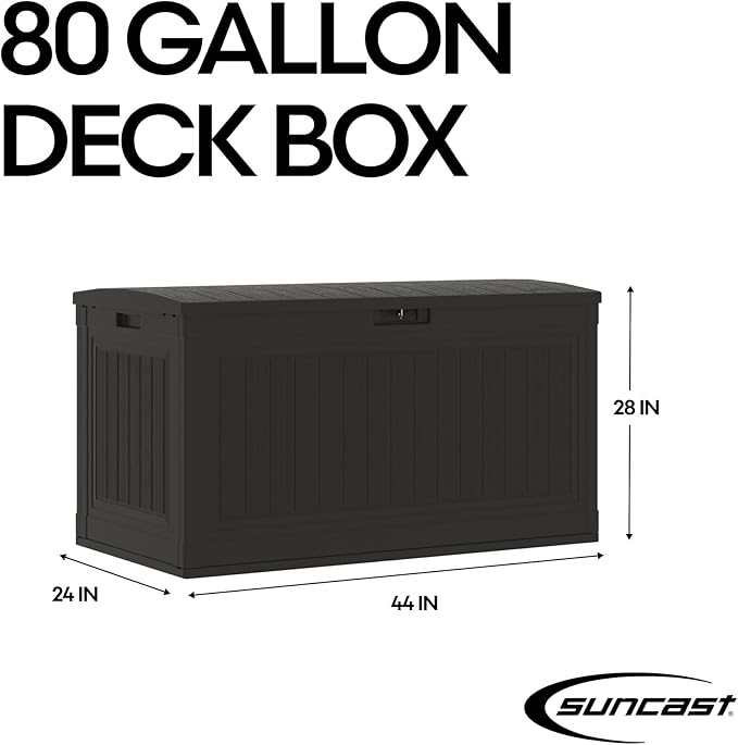Suncast 80-Gal. Waterproof Resin Large Outdoor Patio Deck Box with Pad-Lockable Lid, Modern Outdoor Patio Bench/Storage Box for Cushions, Garden Tools, and More, Iron Ore