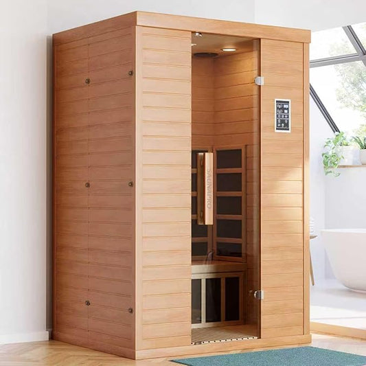 2- Person Infrared Sauna, Remotely Controllable Indoor Sauna, Low EMF 1500W/120V LCD Heater, WiFi & BT Control, 9-Color Light Therapy, Safe Flame-Retardant Material, Wood