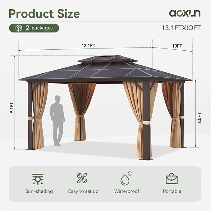 Aoxun 10'x13' Hardtop Gazebo, Aluminum Frame Permanent Pavilion with Curtains and Netting, Outdoor Polycarbonate Gazebo, Double Roof Canopy, for Gardens, Patios, Lawns
