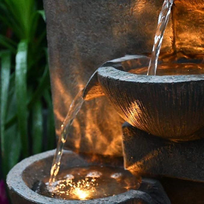 40" Outdoor Water Fountain with LED Lights 5-Tier Polyresin Rock Indoor Modern Floor-Standing Waterfall Fountains for Home Garden, Yard, Patio, Office, Deck Home Art Decor Brown