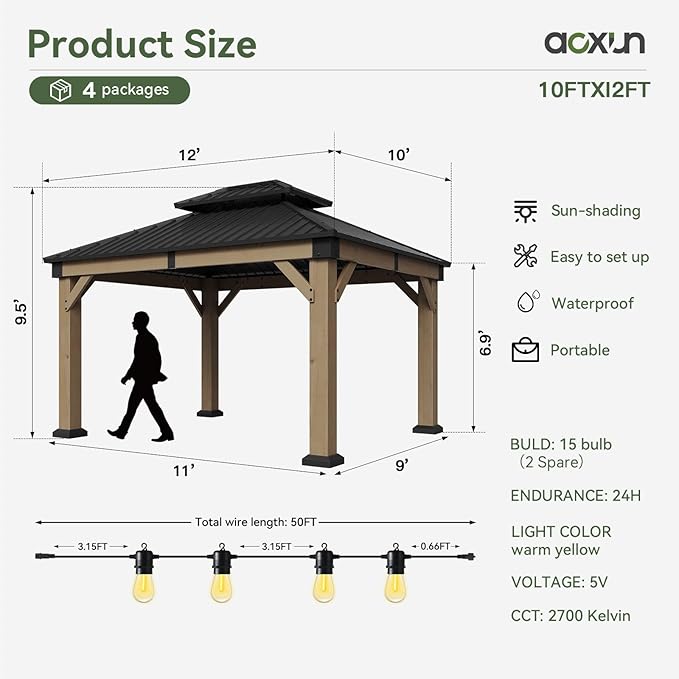 Aoxun 10' x 12' Outdoor Wood Gazebo, Hardtop Gazebo Permanent Wooden Pavilion with Galvanized Steel Double Roof, and LED Outdoor Waterproof Hanging Lights, for Patio, Garden, Deck, Cedar Wood