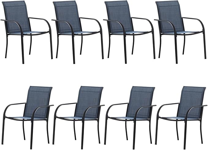 Outdoor Dining Chairs Set of 8, Stackable Patio Chairs with Textilene Fabric, Lightweight Garden Chairs for Poolside, Backyard, Camping, Dark Blue