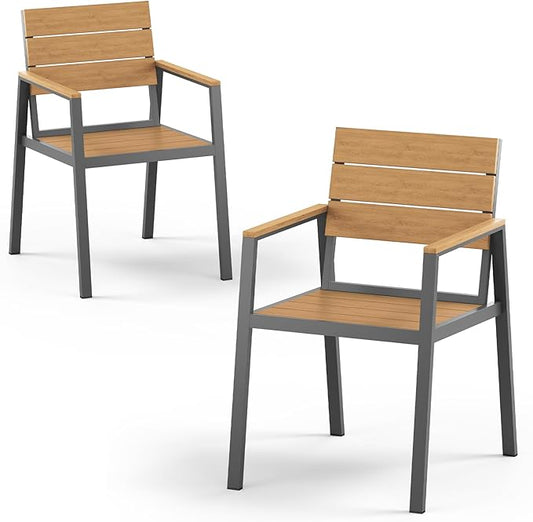 Outdoor Dining Chairs Set of 2, HDPS + Aluminum Patio Dining Chairs with Ergonomic Design and Wide Seat, 2 Piece Outdoor Chairs for Garden, Backyard, Deck (Gray-Teak)
