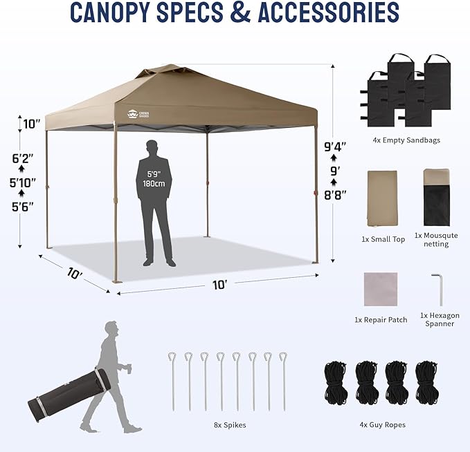 CROWN SHADES Gazebo 10x10 Pop Up Canopy with Mosquito Netting, Screen Tent with 4 Ropes, 8 Stakes, 4 Sandbags and Wheeled Storage Bag, Canopy for Patio & Backyard, Beige
