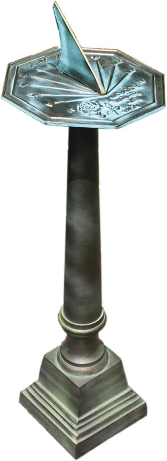 Rome B28 Aluminum Column Sundial Pedestal, Cast Aluminum with Copper and Light Verdigris Patina Finish, 25-Inch Height