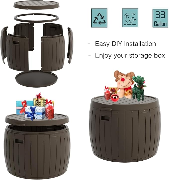 ZZM 33 Gallon Round Deck Box, Patio Side Table for Cushion, Picnic Bucket, Small Bench Seat, All-Weather & Portable, Brown
