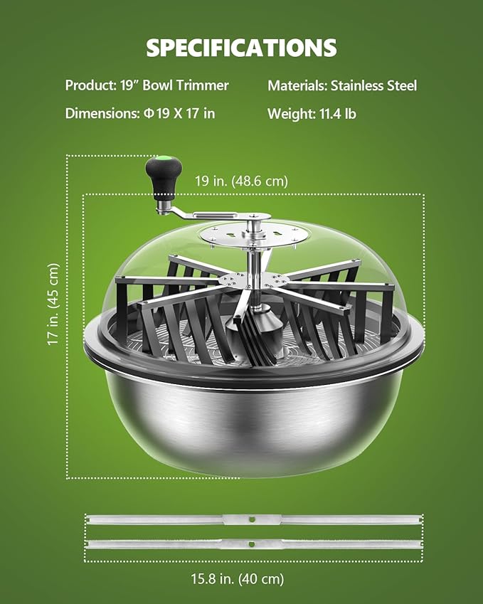 19 Inch Bud Leaf Bowl Trimmer, 19" Trim Bowl with Clear Visibility Dome and Sharp Stainless Steel Blades, for Twist Spin Cutting Buds, Flowers, Leaves, Hydroponics Plants