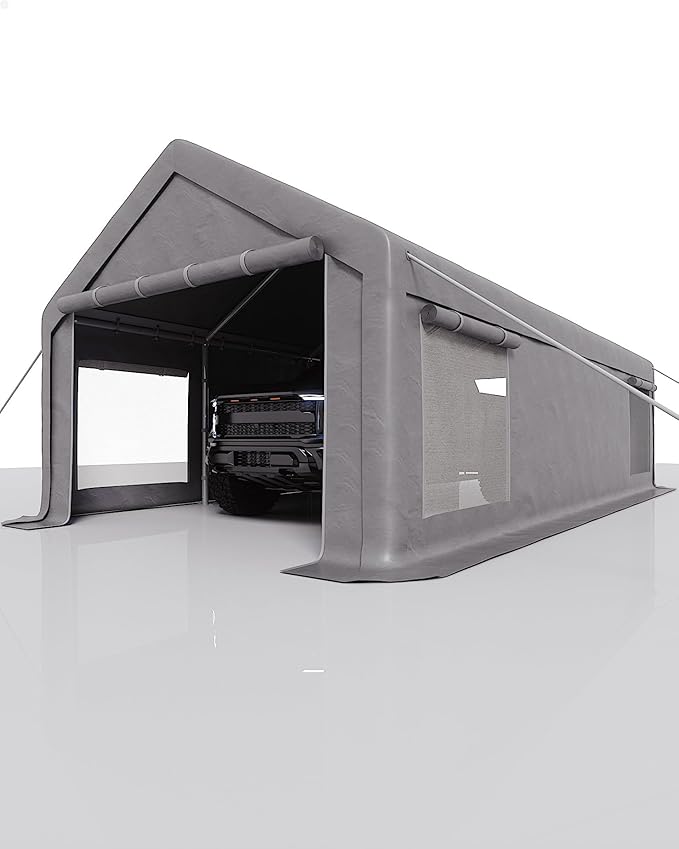 GarveeLife 13x25 ft Carport with 10 Sandbags, Car Port with 220 g PE Tarp, 2 Roll-Up Doors, and 4 Windows, for Full-Size Pickups, Bass Boats, Tractors, and SUVs, Gray
