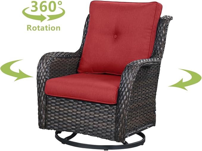 HUMMUH 3-Piece Swivel Rocking Rattan Chair Outdoor, Patio Bistro Furniture Conversation Set, Cushioned Wicker Chair with Glass Coffee Table