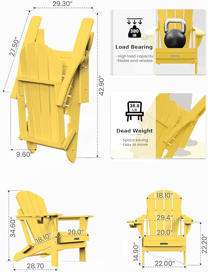 MUCHENGHY Folding Adirondack Chairs Set of 2, Patio Chairs, Lawn Chairs, Outdoor Chair, Adirondack Chair Plastic, Fire Pit, Weather Resistant with Cup Holder for Deck, Backyard, Garden(Olive Yellow)