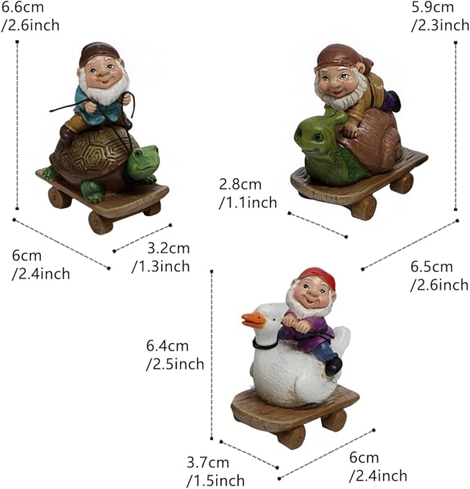 3PCS 3D Mini Gnome Statue, Gnome Riding Turtle, Duck, Snail Statue, Outdoor Fairy Garden Resin Crafts, Micro Landscape Ornaments, Landscaping DIY Garden Sculptures, Yard Lawn Home Decor (3 PCS)