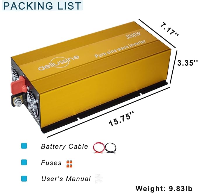 3000W Pure Sine Wave Inverter-36V DC to 110V 120V AC Power Converter with 2 AC Outlets, 36 Volt Power Inverter for Truck, Rv, Camping, Home