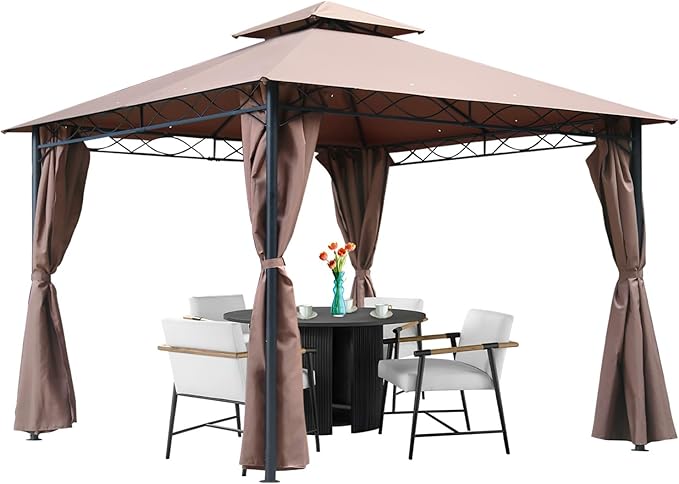 10'x10' Outdoor Patio Canopy Rain-Proof Pop Up Gazebo UV-Resistant Canopy Tent with Double Roof Tops Curtain for Backyard, Patio and Garden, Brown