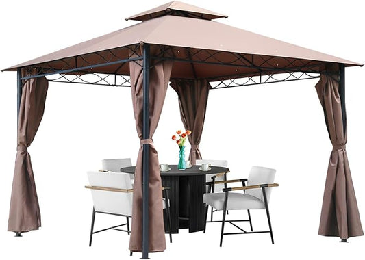 10'x13' Outdoor Patio Canopy Rain-Proof Pop Up Gazebo UV-Resistant Canopy Tent with Double Roof Tops Curtain for Backyard, Patio and Garden, Brown