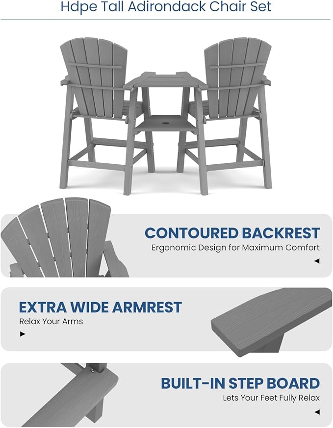 Ciokea Tall Adirondack Chairs Set of 2, HDPE Outdoor Adirondack Bar Stools with Double Connecting Tray, Weather Resistant High Back Adirondack Balcony Chairs for Deck, Lawn, Pool, Backyard, Grey