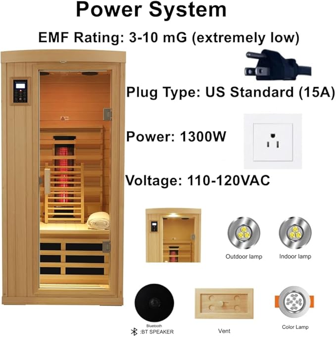Ceramic Infrared Sauna 1 Person, Low EMF FAR Infrared Indoor Sauna for Home, 1300w Canadian Hemlock Wood Saunas with 6 Heating Panels, Blue-Tooth Control, LCD Display, LED Reading Lamp