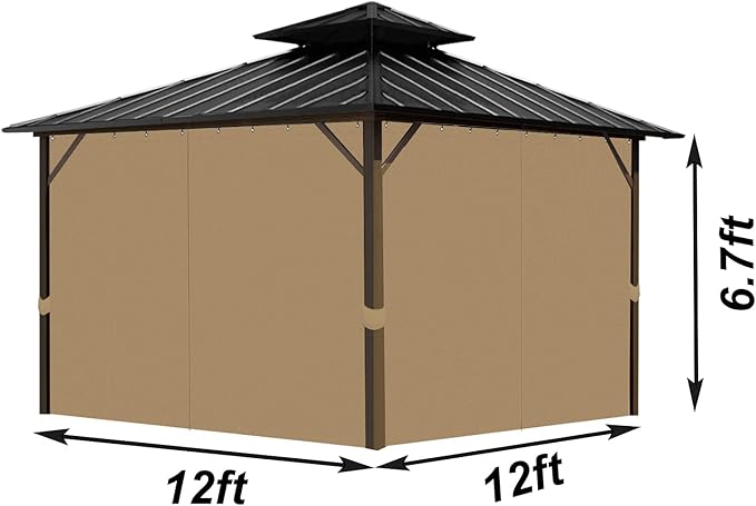 Gazebo Universal Replacement Privacy Curtain, 12'X12' Gazebo Curtains Outdoor Waterproof, 4-Panels Sidewall with Zipper for Patio, Garden and Backyard (Only Curtains, 12'X12', Beige)
