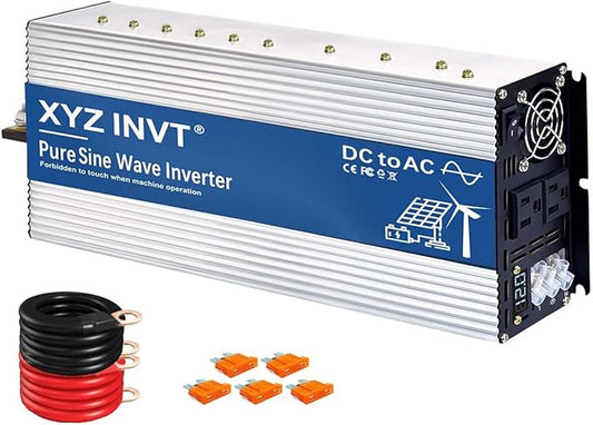 2500W Pure Sine Wave Inverter 12V to 120V AC, 5000W Peak Power, Power Converter for Solar System, Off-Grid Home, RV, Truck & Camping