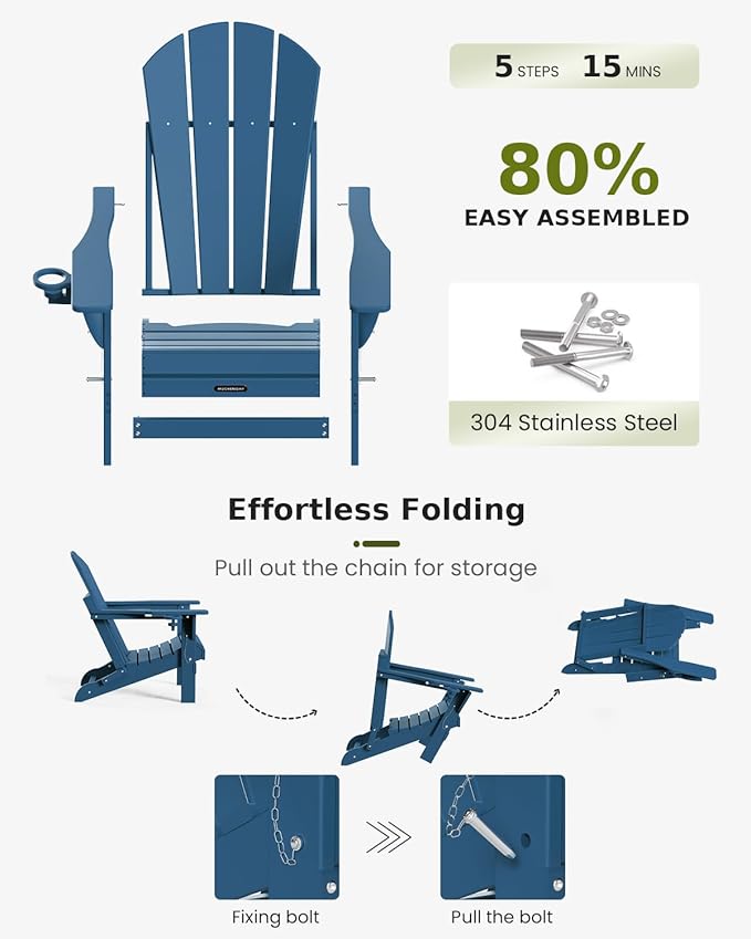 MUCHENGHY Folding Adirondack Chairs and Table Set, Outdoor Chair, Adirondack Chair Plastic, Fire Pit Chair, Weather Resistant with Cup Holder for Deck, Backyard, Garden(Navy Blue, 3-Piece)