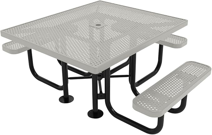 COATEDOUTDOORFURNITURE Heavy-Duty Portable ADA-Compliant Outdoor Picnic Table with Umbrella Hole, Punched Steel Patio Dining Furniture Made in America (46" Square Top, Textured Grey)