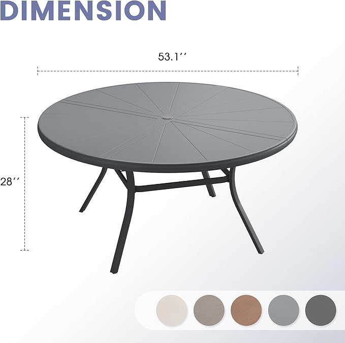 VICLLAX Outdoor Patio Round Dining Table, 53"x 53" Aluminum Tabletop for Deck Lawn Garden Backyard, Dark Grey