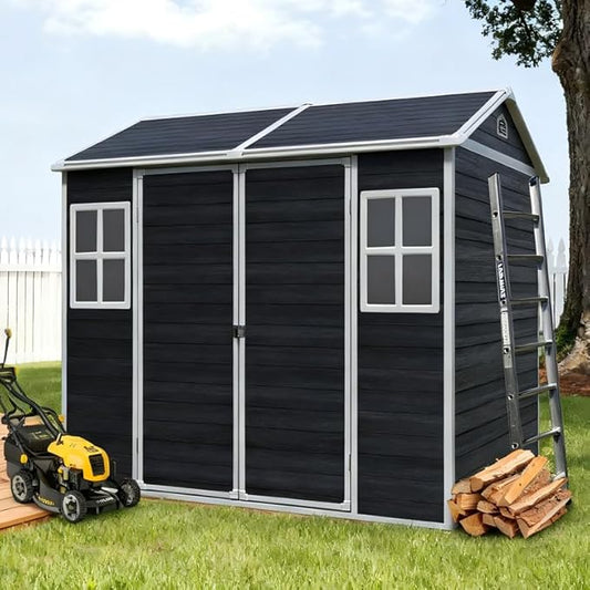 8x6 FT Resin Outdoor Storage Shed with Floor and 2 Windows, Outside Plastic Sheds Storage Clearance w/Lockable Door, Backyard Garden Tool House for Patio, Yard, Lawn, Bike, Black