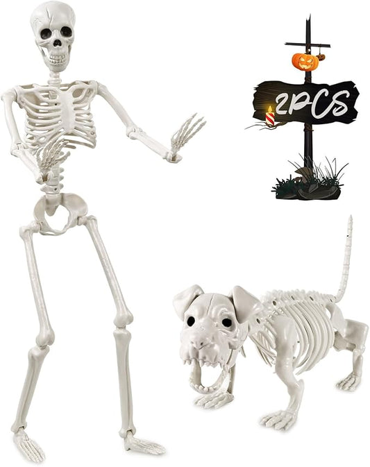 YUJUN 36'' Halloween Skeleton Decoration with Dog Skeleton, 3ft Full Body Posable Skeleton Realistic Plastic Bones Movable Joints for Halloween Party Yard Haunted House Props Indoor Outdoor Decor