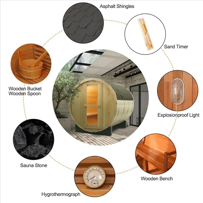 ZONEMEL Outdoor Barrel Steam Sauna, Wooden Sauna Room for 3-4 Person with 4.5KW ETL Certified TOULE Heater, Rocks, 8mm Tempered Glass, Waterproof System