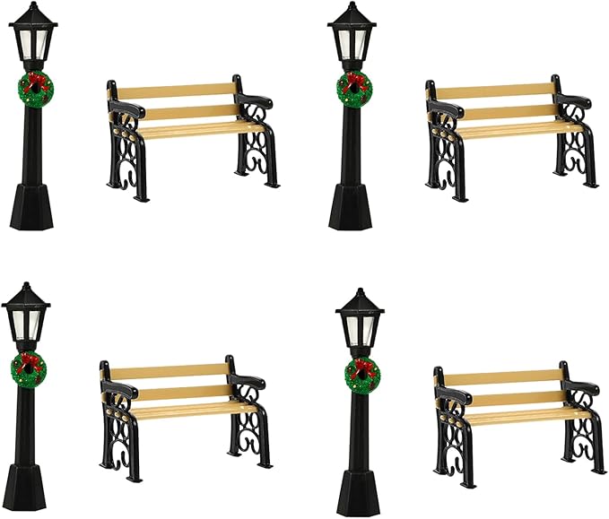 LOGOFUN 8Pcs Mini Street Lamp Post Miniature Park Bench Seat Mini Street Light Models Dollhouse Christmas Village Pathway Lantern Post for Xmas Fairy Garden Accessories