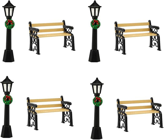 LOGOFUN 8Pcs Mini Street Lamp Post Miniature Park Bench Seat Mini Street Light Models Dollhouse Christmas Village Pathway Lantern Post for Xmas Fairy Garden Accessories