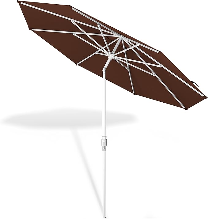 Midtown Umbrellas The Swilt 8 Feet Patio Umbrella in Sunbrella Bay Brown Acrylic Fabric - Fiberglass Ribs, Auto-Tilt Aluminum Frame For Backyard, Deck, Garden, Pool - White Pole