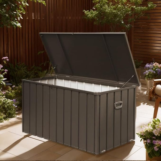 200 Gallon Outdoor Storage Deck Box with Lockable and Mobile Roller, Large Steel Container Bin with Waterproof and UV Resistant for Garden, Patio, Dark Brown