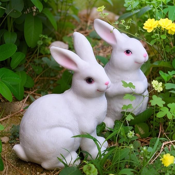 1 Pair Garden Statues Bunny Decor Resin Rabbit Figurine Cute Fairy Garden Decor Outdoor Statues for Patio Yard Porch Balcony Gifts for Women Mom Grandma White
