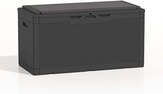 Patiolife 100 Gallon Resin Deck Box with Cushion, Large Outdoor Storage Box for Garden Tools, Pool Supplies, Waterproof and Lockable, Black