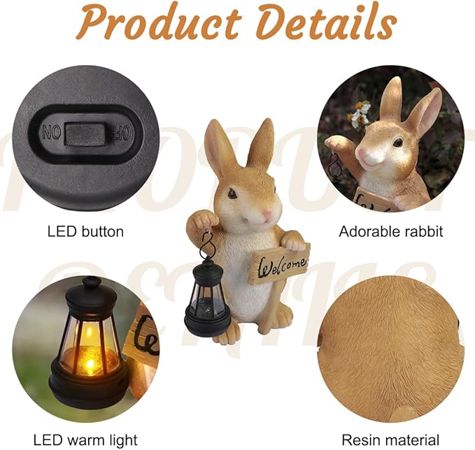 Solar Rabbit Garden Statue with Welcome Sign, Solar Rabbit Welcome Light Decor, Bunny Statues, Garden Decor for Patio Lawn Yard