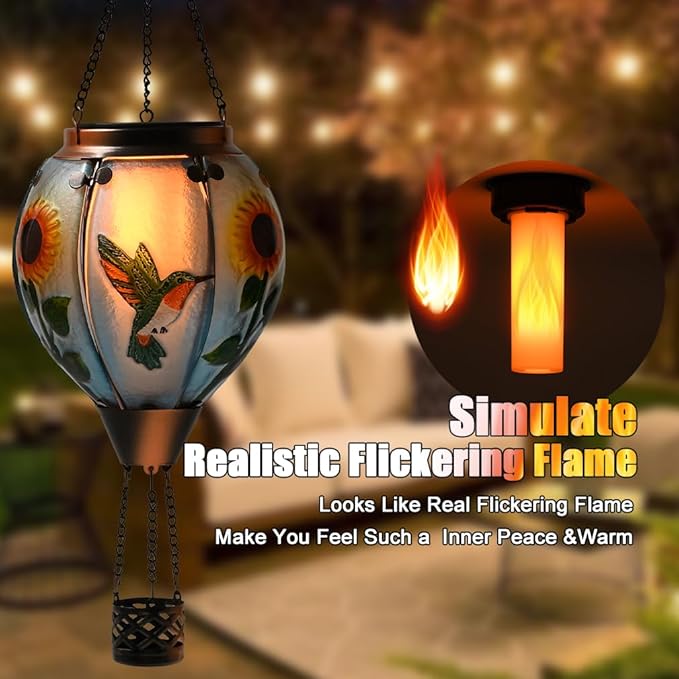 Hot Air Balloon Solar Lantern - Large Hummingbird Glass Lantern, Simulated Flickering & Dancing Flame, Outdoor Hanging Sunflower Yard Light Waterproof IP65 for Patio Lawn Porch Decor Gift