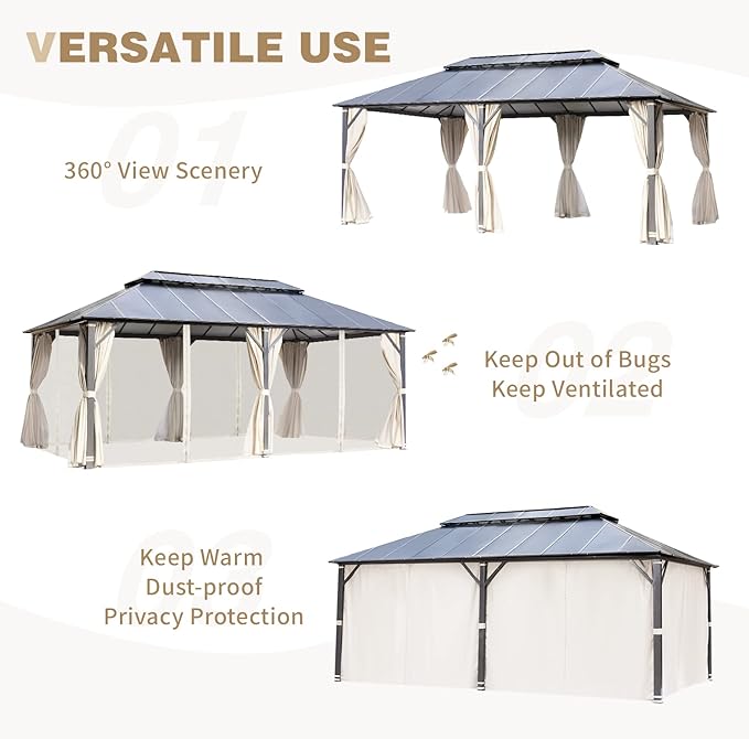 MELLCOM 12x20FT Hardtop Gazebo, Permanent Outdoor Aluminum Patio Gazebo with Aluminum Composite Double Roof for Patio Lawn and Garden, Curtains and Netting Included
