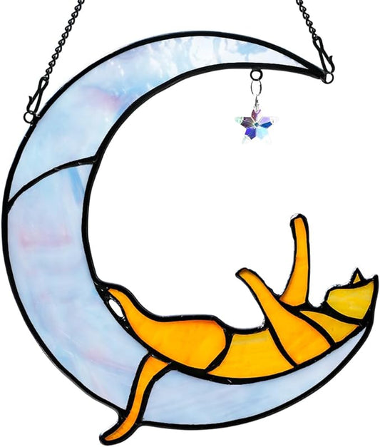Orange Cat on Moon Stained Glass Suncatchers Star Crystal Decor,Rainbow Stained Glass Window Hangings,Funny Cat Lover Themed Gifts for Women Mom