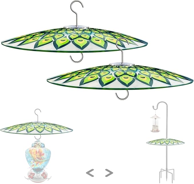 13" Glass Rain Cover for Bird Feeder Outdoors - Pack of 2PC X Baffle on Shepherd Pole/Post or S Hook Hanging - Large Weather Guard Protective Dome - Dia. 33CM - Peacock Feather
